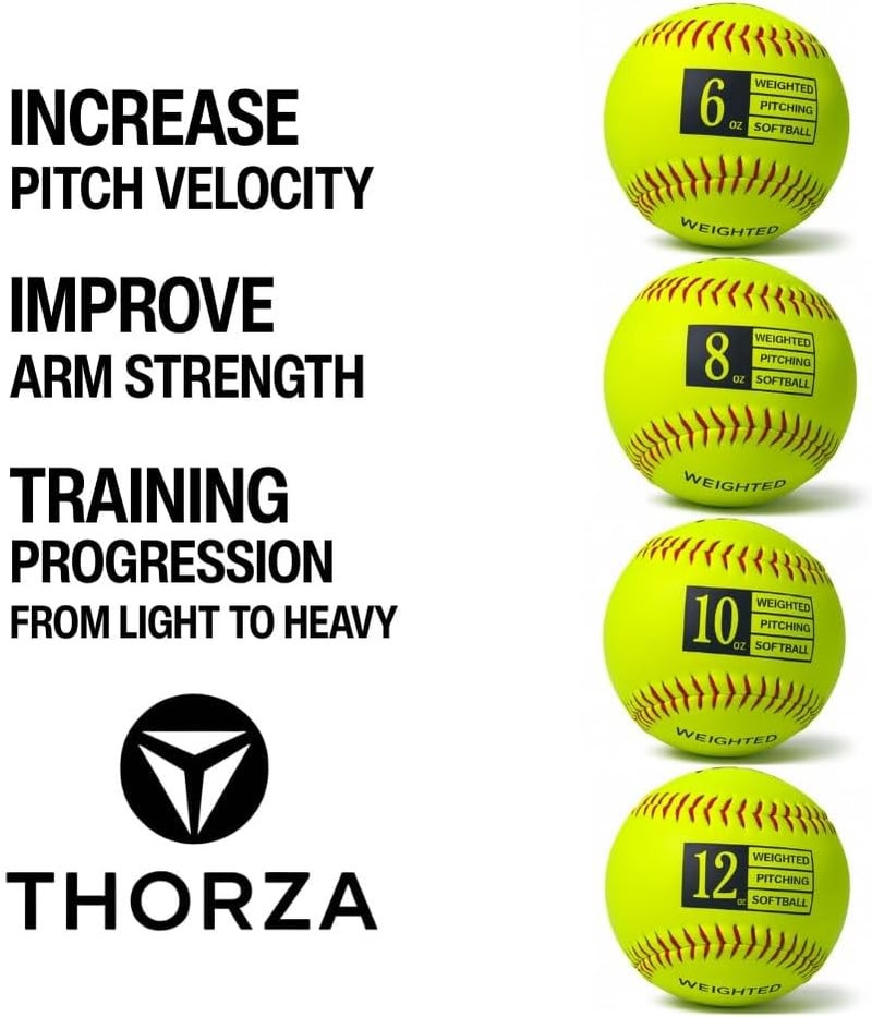 Thorza 12" Weighted Training Softballs - Set of 4 (6, 8, 10 & 12 oz) Training Balls to Increase Pitch Velocity & Arm Strength - Durable Softball Practice Equipment for Pitchers of All Skill Levels - Image 3